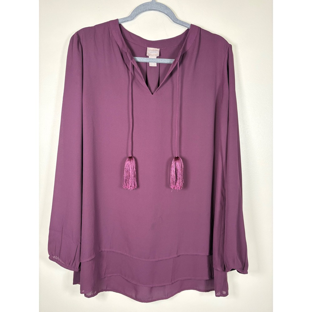 Chicos Plum Purple Tassel Tie Layered Hem‎ Blouse Top Size 2 Large Womens Office